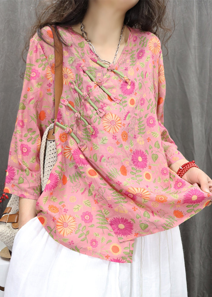 Green New Chinese Bracelet Print Button Linen Blouses Sleeve