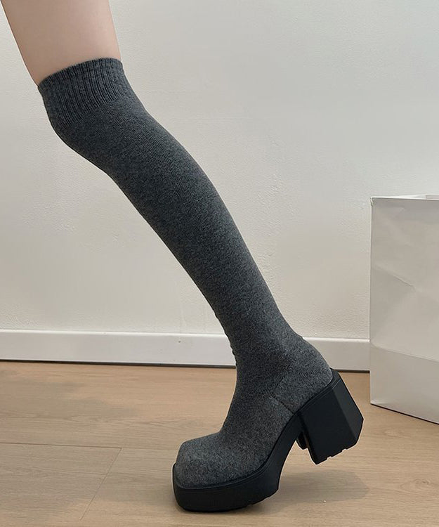 Neue graue Strickstoff-Stiefel mit schickem Spleißen und klobigem Absatz QK067