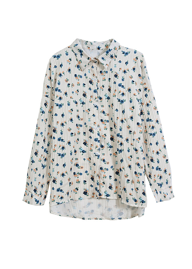 New Loose Beige Peter Pan Collar Print Cotton Shirt Spring TN002