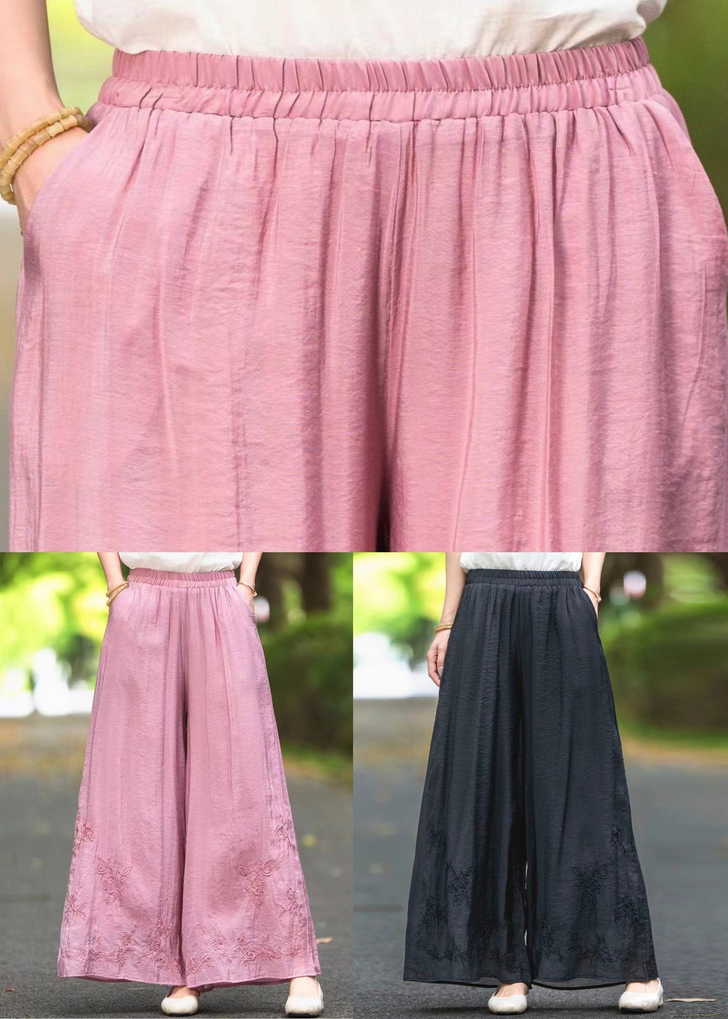 Elastic Silk Summer Pants Embroidered Waist Leg Wide Pink New