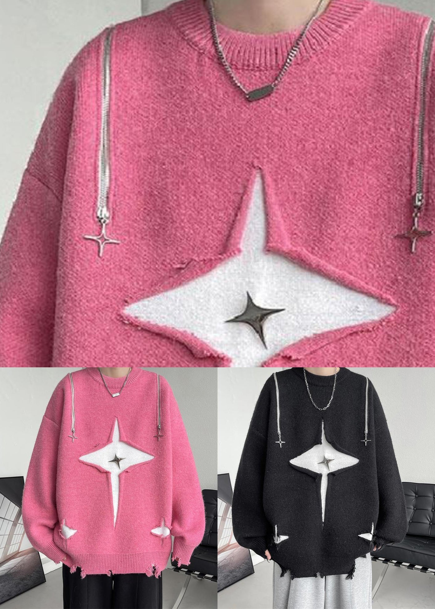Neu Rosa O Hals Loch Gemütliche Strick Männer Pullover Herbst QH020