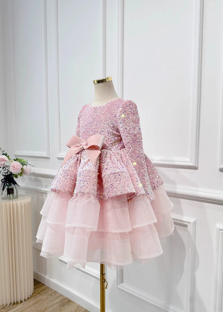New Pink Sequins Tulle Patchwork Bow Girls Maxi Dresses Spring YG013