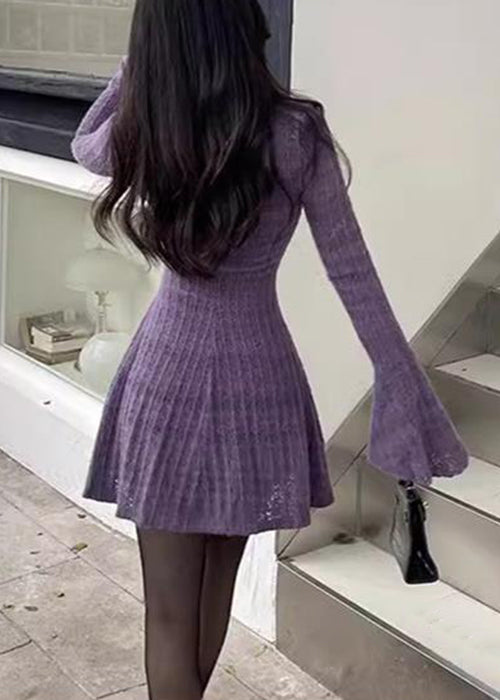 New Purple O-Neck Solid Knit Mid Dress Flare Sleeve YZ048