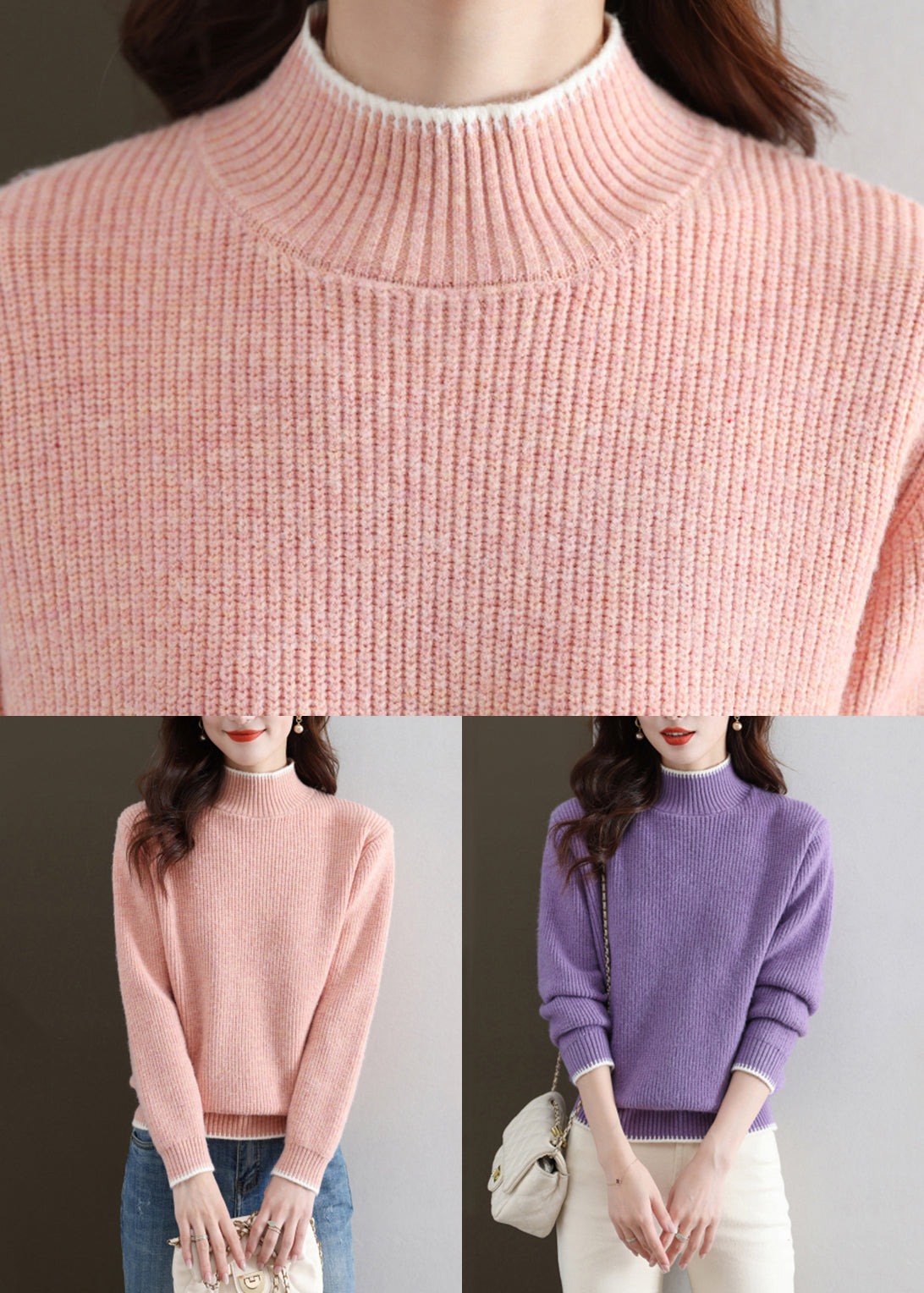 Neue lila Rollkragen dicke Strickpullover Herbst QS031