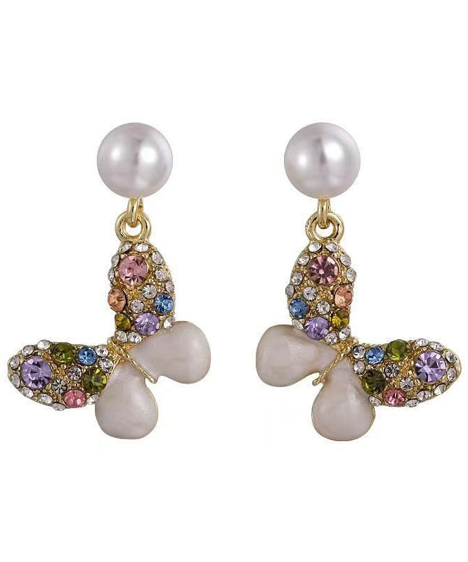 Boucles d'oreilles à tige en forme de papillon avec perles en zircon et alliage arc-en-ciel WH047