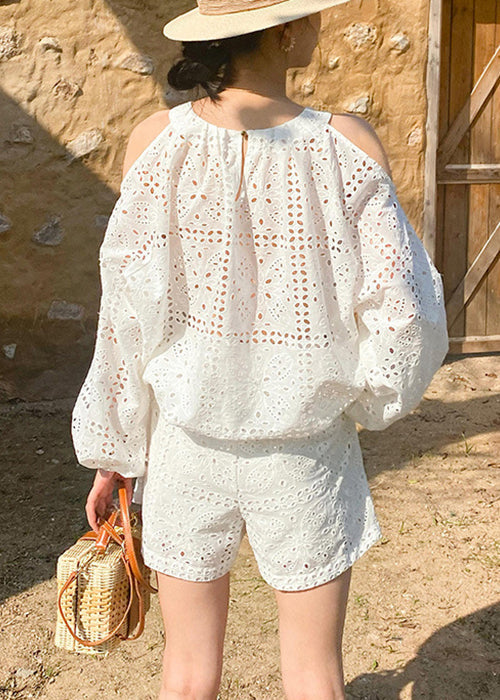 Out And Two Cotton New Tops Pieces Shorts Hollow Summer White Set