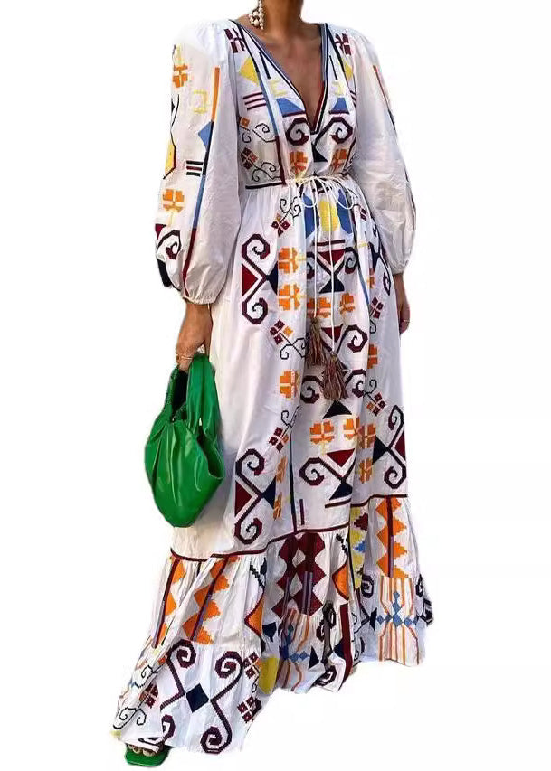 Neu Weiß V-Ausschnitt Print Schnürung Baumwolle Kleider Langarm BB047