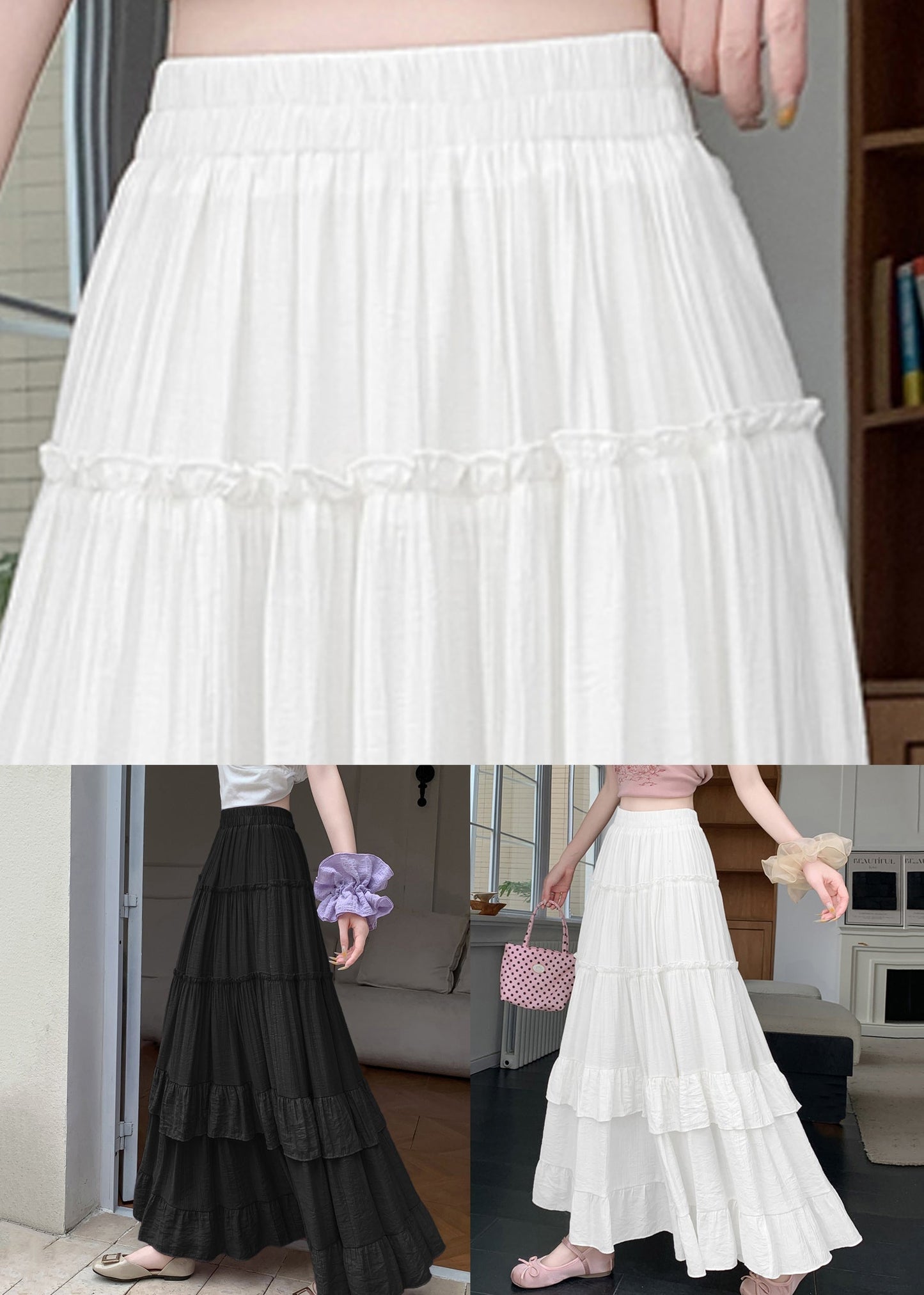 Line New White Summer Cotton Patchwork Skirts Wrinkled Solid A