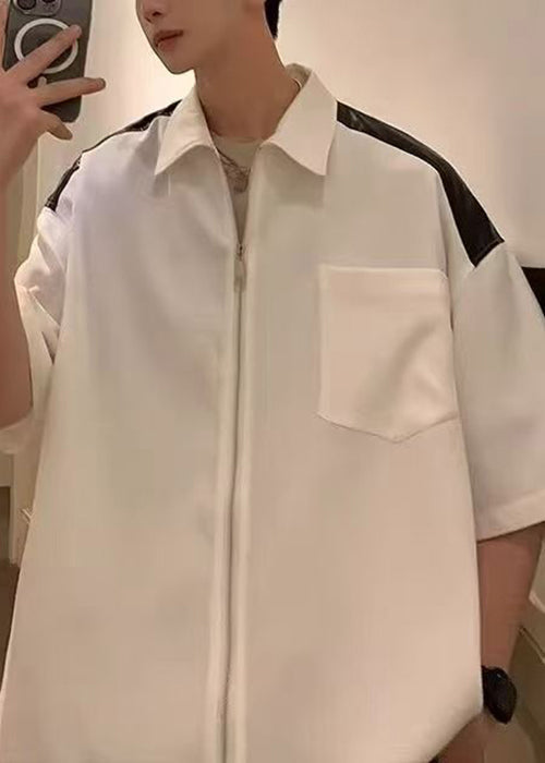 Cotton White New Mens Half Pockets Patchwork Zippered Shirts