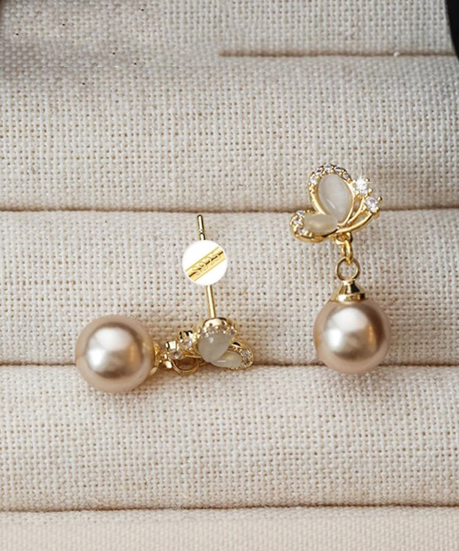 Novelty Copper Earrings Butterfly Pearl Champagne Drop Zircon