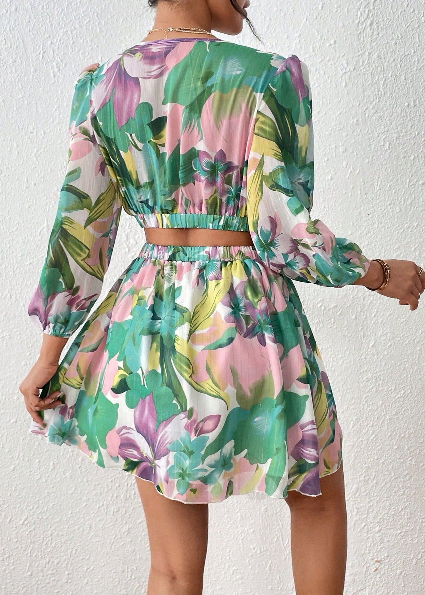 Neuartiges rosa Kleid mit Hohlsaum und Print aus Baumwolle, mittellang, Herbst AU1021