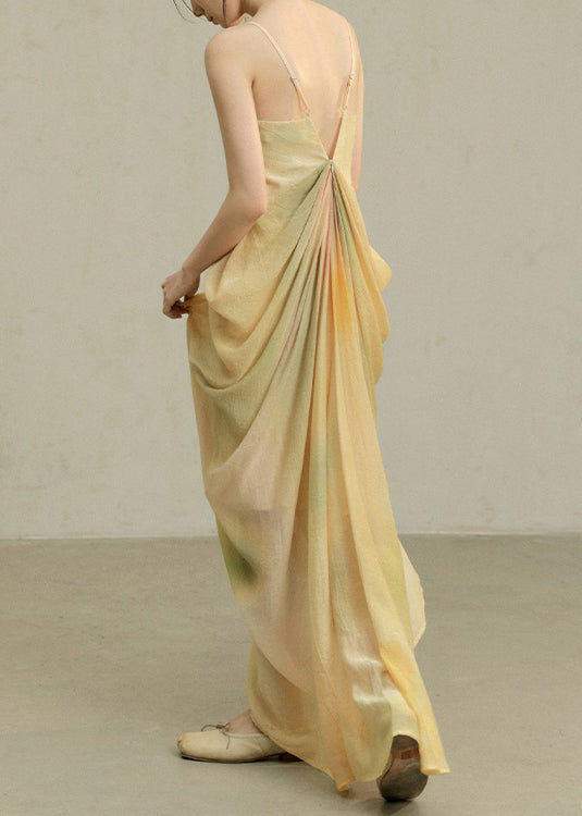 Dye Cotton Strap Novelty Spaghetti Dress Wrinkled Yellow Tie