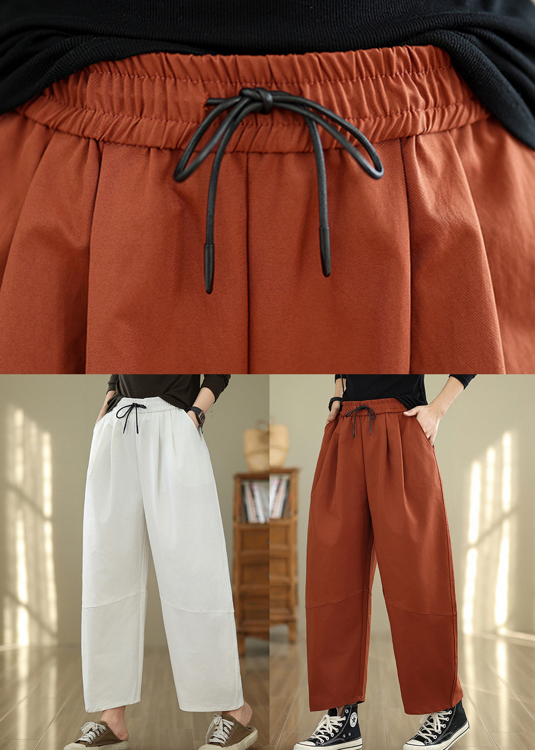 Orange Taschen Lose Baumwollhose Elastische Taille Herbst QO047