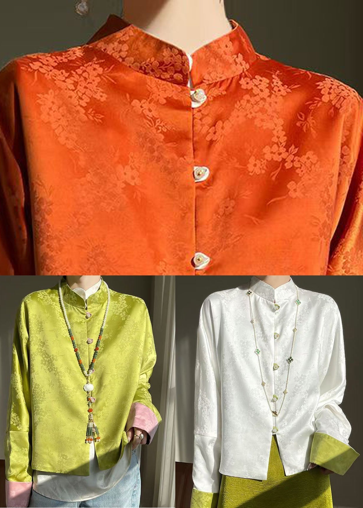 Orange bedruckte Seidenbluse mit Knopfleiste, Stehkragen, lange Ärmel, AB1054