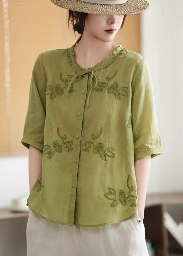 Summer Pink Organic Tops Tie Embroidered Linen Neck