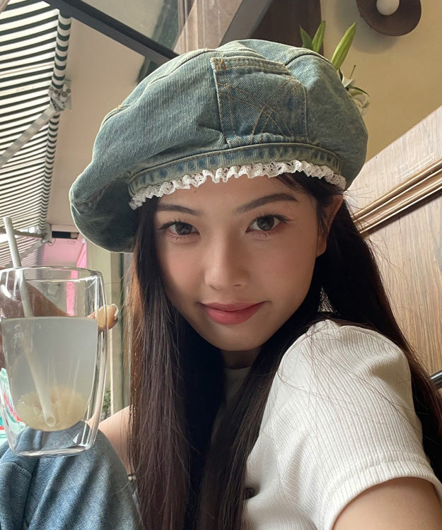 Blue Denim Original Beret Trimmed Hat Lace