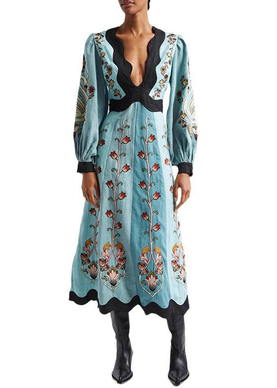 Cotton V Long Original Dress Print Neck Spring Blue Backless