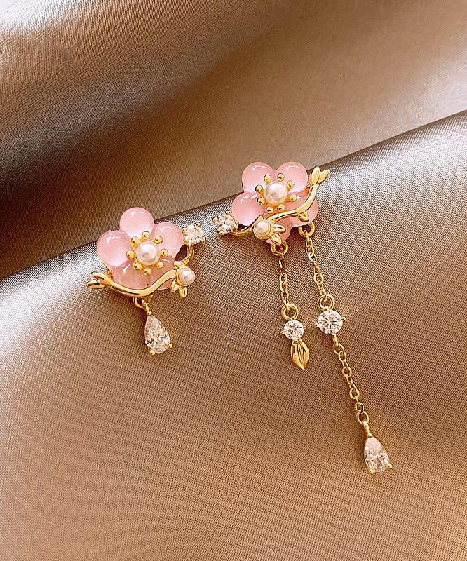 Original Design Gold Kupfer Legierung Zirkon Perle Harz Asymmetrische Floral Drop Ohrringe WH053