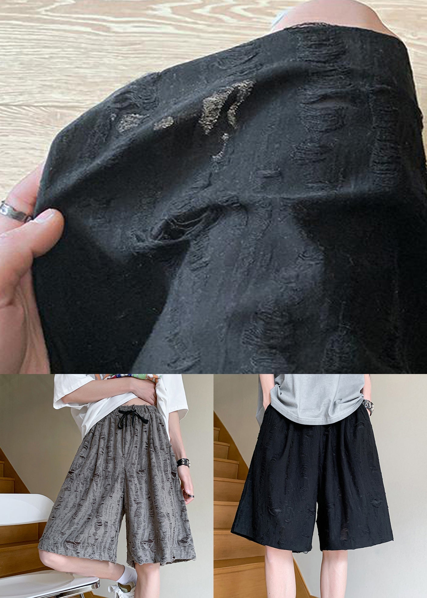 Grey Original Shorts Cotton Summer Mens Hole Elastic Waist Design