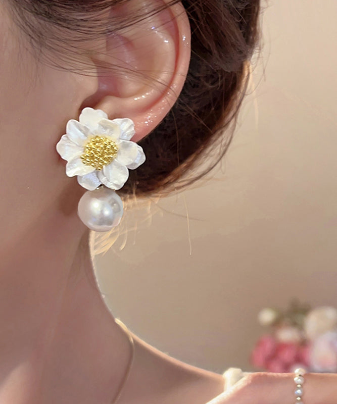 Original Floral Earrings Design Stud Acrylic Alloy White Pearl
