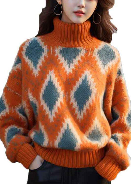 Original Orange Rollkragen Plaid Dicken Strick Pullover Winter WK013