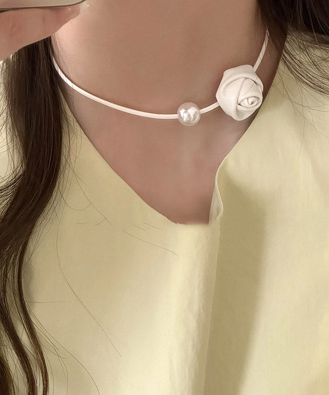 Original Silk Stainless Steel PU Pearl Rose Pendant Necklace YA028