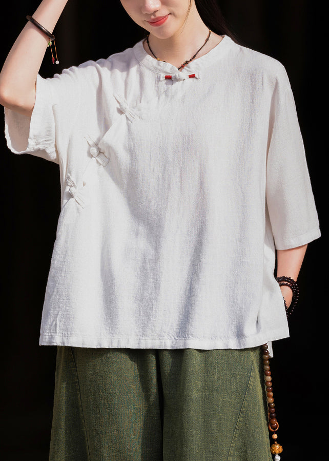 Original weißes Stehkragen-Baumwollhemd mit chinesischen Knöpfen, halbe Ärmel, LK025