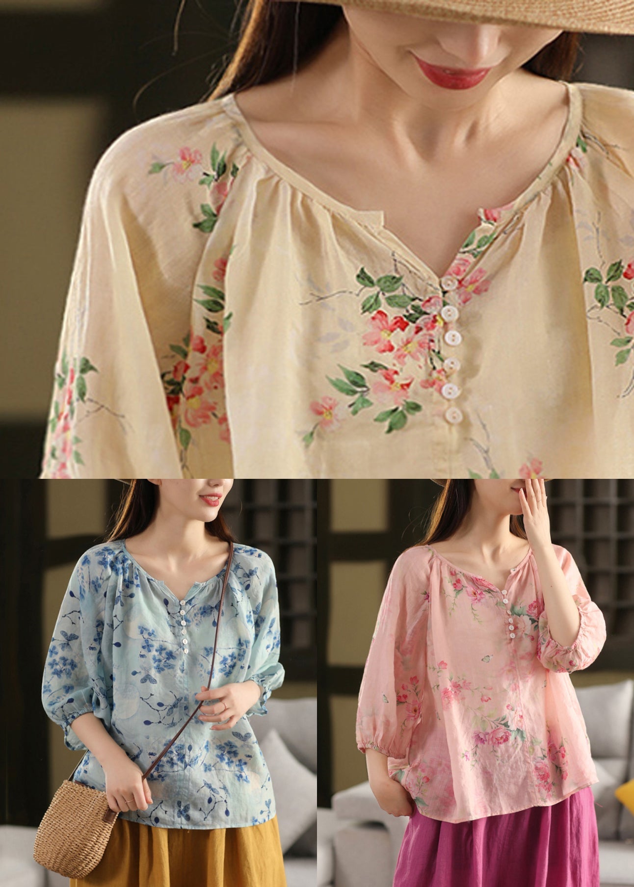 Print Button Pink V Summer Neck Blouse Linen Top
