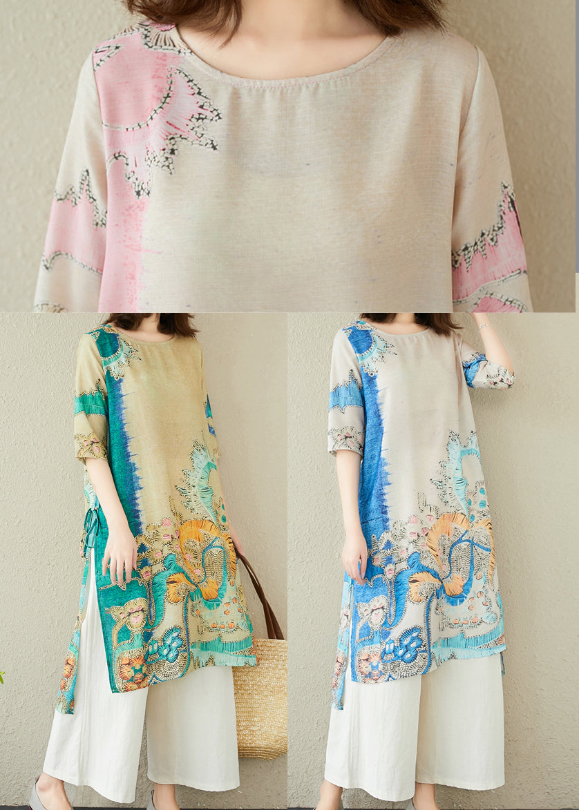 Dress Linen Pink Side Print Open Long Summer