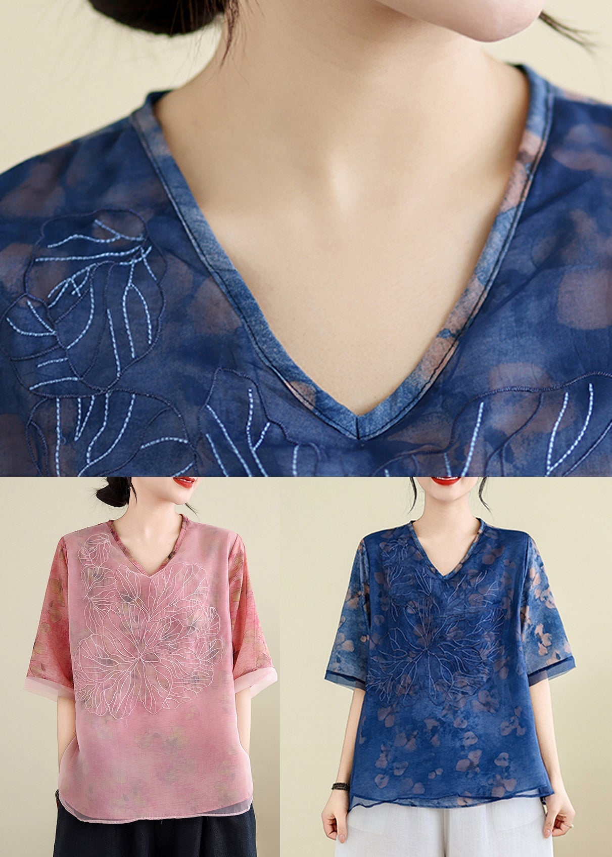 Rosa V-Ausschnitt Tüll Patchwork Shirts Kurzarm AP014