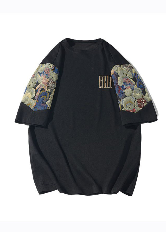 T-shirt en coton noir brodé patchwork pour homme, grande taille, motif graphique, été WA012
