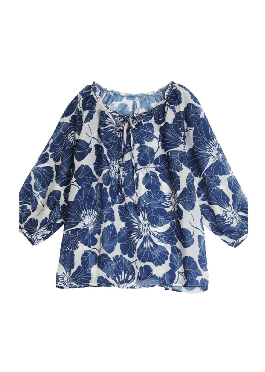 Plus Size Blaues Chiffon-Hemd mit Rüschen und Schnürung, Print, Sommer-Tops AP054