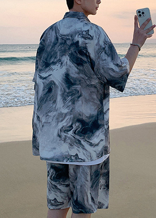 Plus Size Blau Batiktaschen Eisseide Herren Zweiteiler Sommer HG067