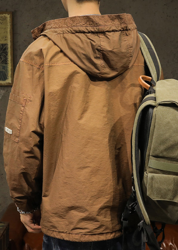 Drawstring Spring Mens Caramel Solid Plus Hooded Coat Size Cotton