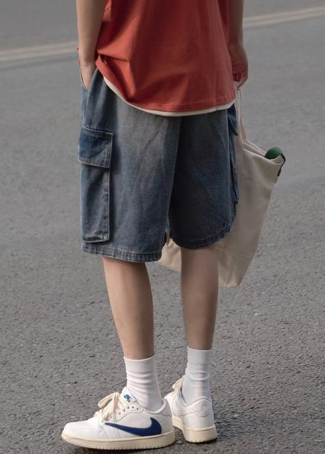 Plus Size Light Blue Pockets Elastic Waist Mens Shorts Summer YL014