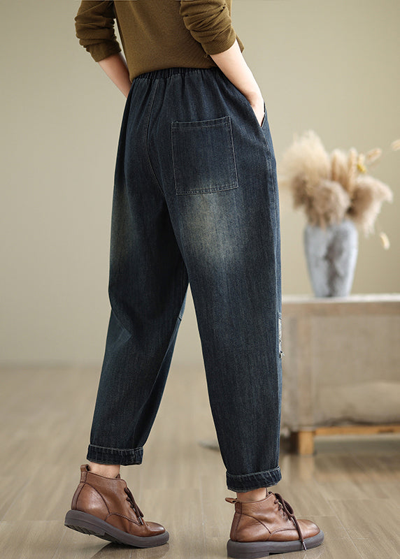 Plus Size Marineblaue Jeanshose mit Taschen und elastischer Taille für den Herbst QO040