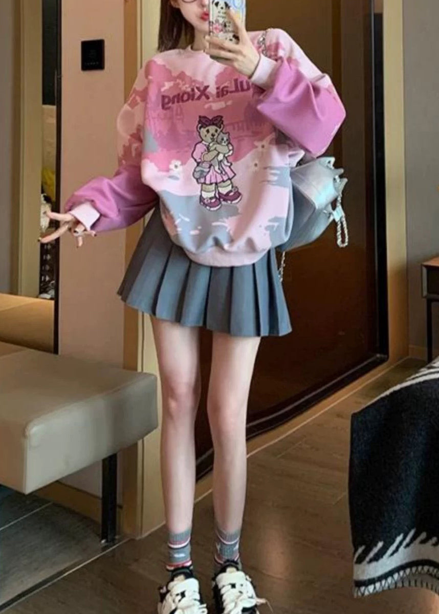 Plus Size Pink O Neck Embroidered Tie Dye Cotton Pullover Streetwear Spring YF002