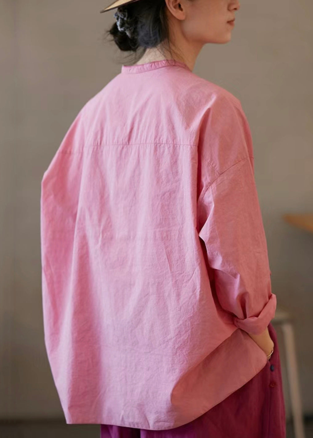 Blouses Neck Plus Open Solid Size Cotton Pink V Side Fall