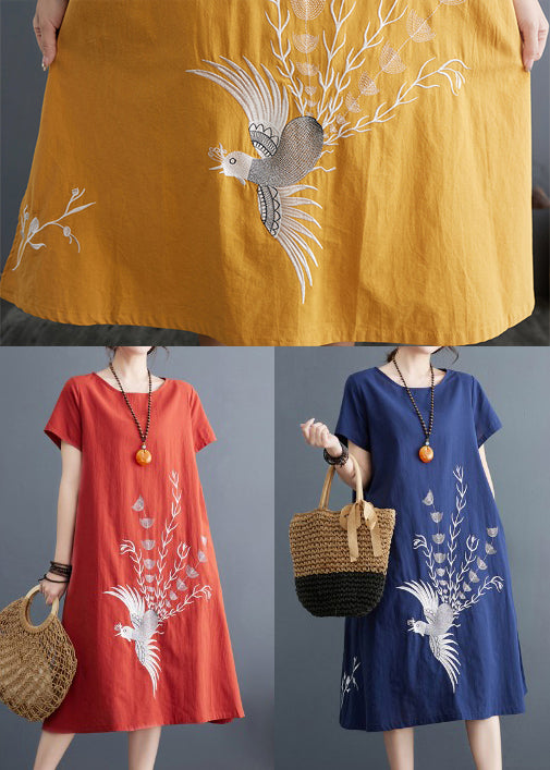 Embroidered Linen Dress Line Size A Plus Summer Yellow