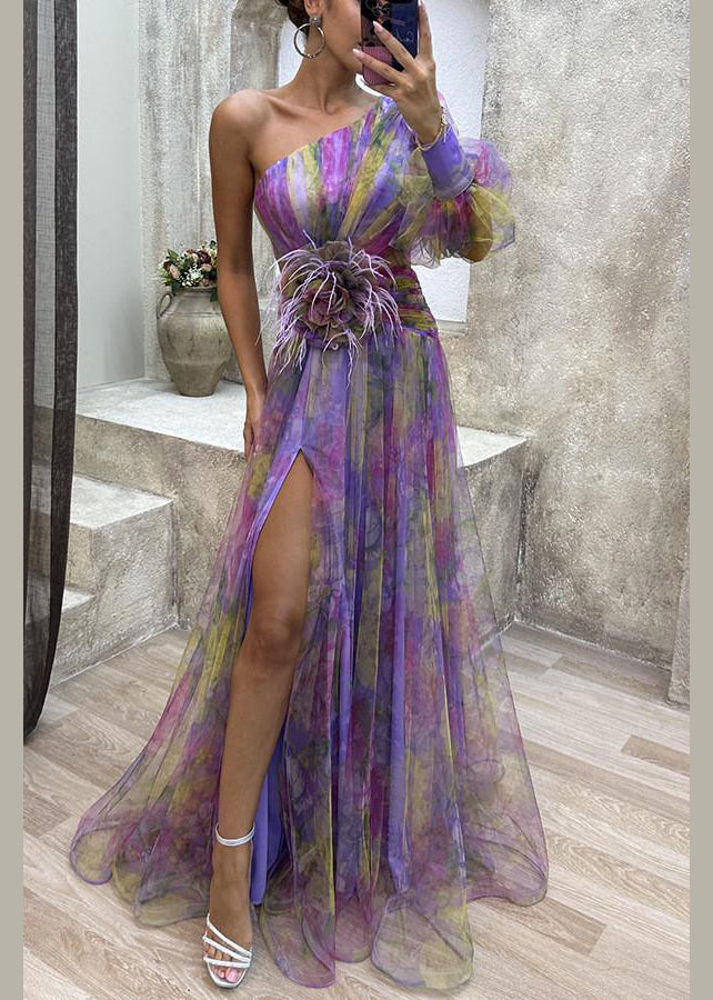 Dress Chiffon Purple Summer Open Shoulder Print Side One