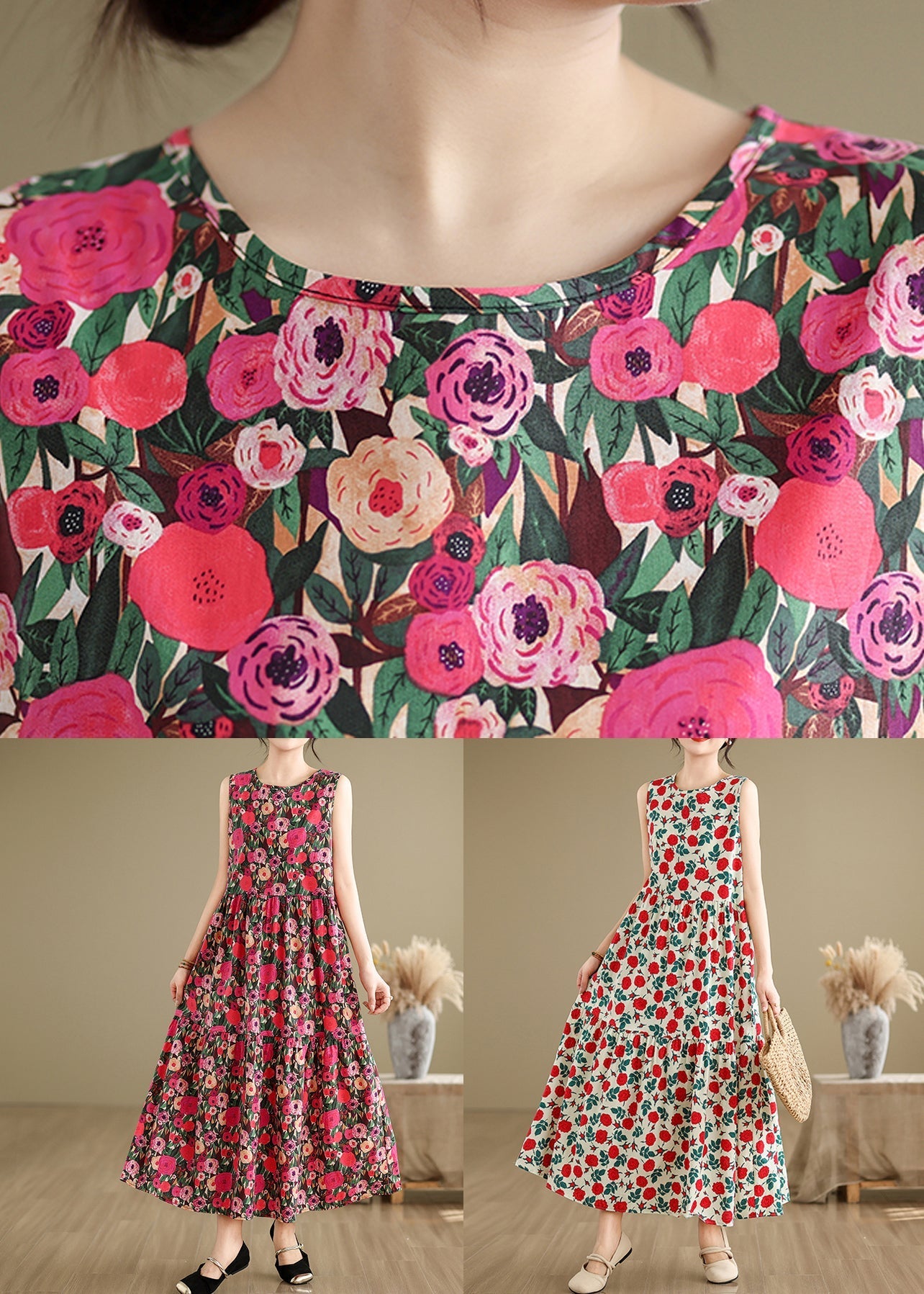 Red Button Patchwork Cotton Long Dress O Neck Summer JH030