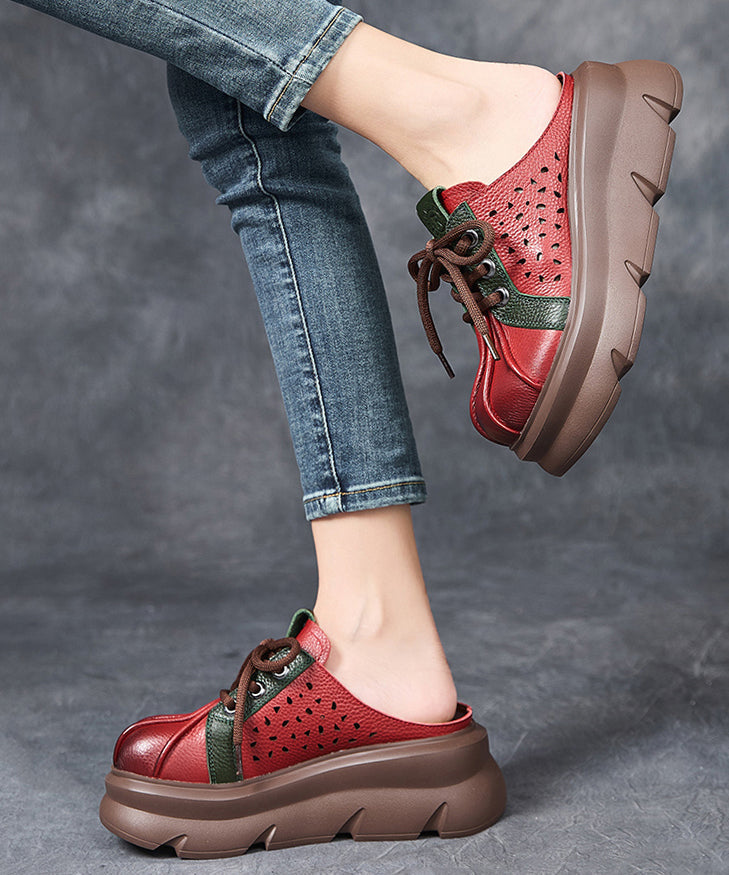 Red Hollow Out Lace Up Splicing Platform Slide Sandals YC017