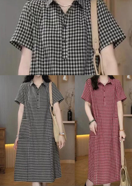 Red Shirt Summer Plaid Linen Dresses Collar Pan Peter