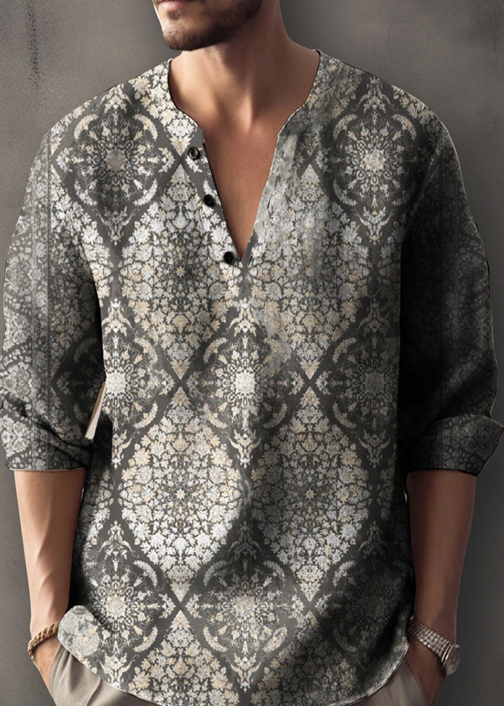 Print Mens V Shirts Button Cotton T Fall Neck Red