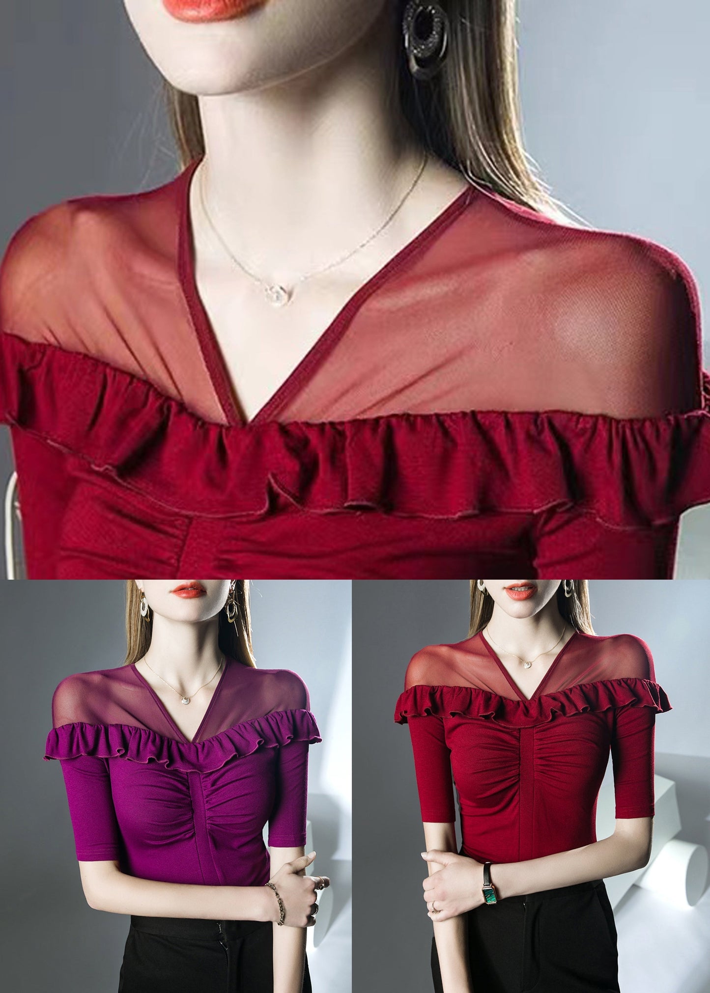 Rotes, einfarbiges Patchwork-T-Shirt aus Baumwolle mit V-Ausschnitt für den Sommer AL1038