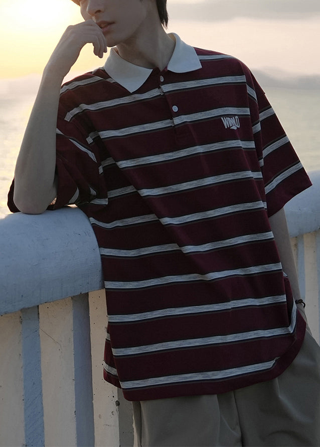 Loose Mens Button Striped Red Shirts Cotton Polo