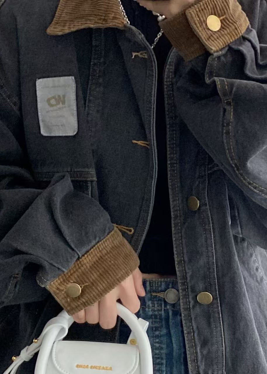 Denim Spring Pockets Mens Retro Button Black Coats Patchwork