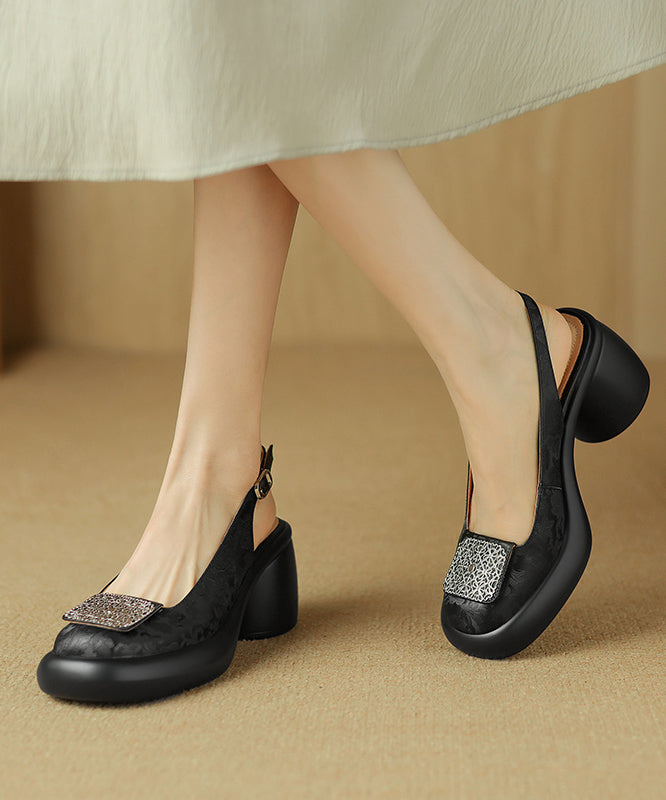 Heel Apricot Retro Splicing Leather Cowhide Chunky Sandals