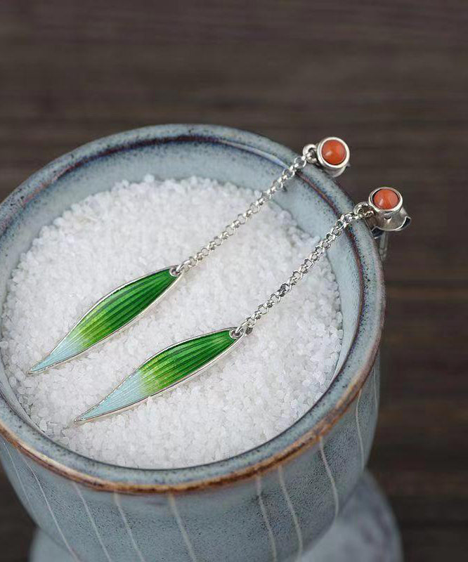 Boucles d'oreilles pendantes en forme de feuille de bambou en argent sterling vert rétro avec agate cloisonnée et émail QQ057