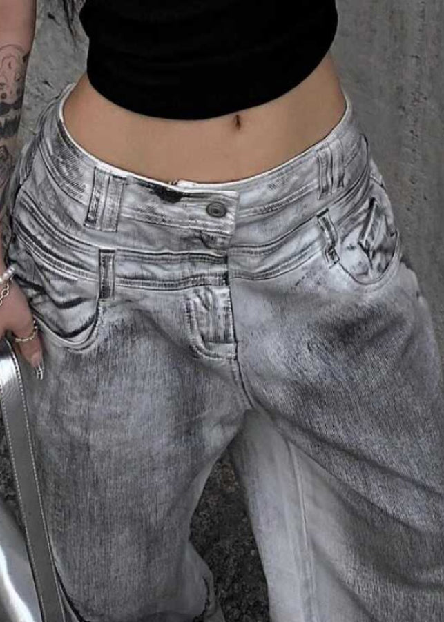 Retro Graue Jeanshose mit hoher Taille und Knopfleiste, Herbst QF053
